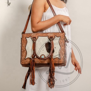 Handmade Large Cowhide Tote <b>Shoulder</b> Bag Genuine Leather with Tooling Patch Mid Hairon <b>Straps</b> Portable Feature Matching Design - Product Image 1