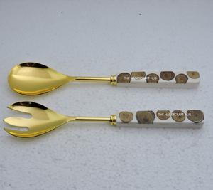 Servidor de ensalada de alta calidad, metal dorado de lujo con mango de mármol, elegante utensilio de servir para mesa, vajilla de cocina, regalo. - Product Image 2