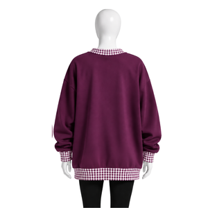 <b>Mens</b> <b>Burgundy</b> Oversized Crewneck Sweatshirt With Checkered Trim Long Sleeve Graphic Print Pullover Casual Streetwear Fashion Top - Product Image 2
