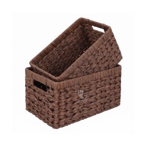 Water Hyacinth Woven <b>Storage</b> <b>Baskets</b> Set of 2, <b>Rectangular</b> Natural Water Hyacinth Shelf Organizer Bins with Cutout Handles - Product Image 2