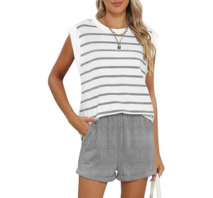 Conjunto de Top sin Mangas a Rayas para Mujer con Pantalones Cortos Grises, Estilo Casual Holgado, Cuello Redondo, Tejido de Algodón, Atuendo de Verano - Product Image 5
