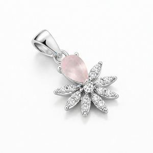 Rhaya Jewels - Colgante clásico de plata de ley minimalista hecho a mano para mujer, chapado en rodio, con cuarzo rosa de corte brillante y circonita cúbica en forma de flor - Product Image 3