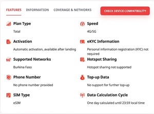 Forfait de données de voyage eSIM 4G/5G pour le Burkina Faso, 2 Go / 15 jours au total, 3 Go 5 Go / 30 jours, activation par code QR, livraison instantanée par e-mail - Product Image 2