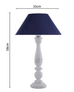 Hand-carved white wood <b>table</b> lamp blue linen shade elegant floral base decorative <b>bedside</b> light for coastal or farmhouse decor - Product Image 6