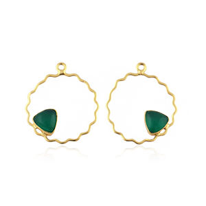 Classic Green Onyx Geometric Minimalist <b>Charm</b> Wave Pattern 18K <b>Gold</b> Plated Brass 8mm Single Bail Scalloped Frame Jewelry Earring - Product Image 1