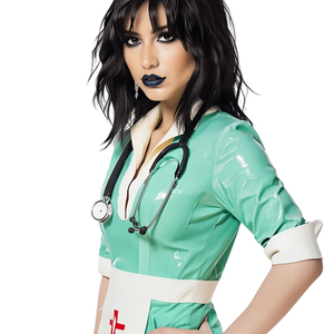 Vestido ajustado de cuero sintético verde con cuello en V, ribete en contraste blanco y delantal cruzado rojo, para fiesta, manga tres cuartos, entallado. - Product Image 3