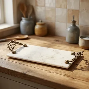 Rectangular Marble Storage Tray With Bronze Coral Handles <b>Rustic</b> Design Tabletop Accessory For Living Room - Product Image 4