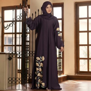 Dark Purple Modest Abaya Floor Length Long Sleeve High Neck Solid Pattern Beaded Details Women's <b>Prayer</b> <b>Dress</b> Middle East Style - Product Image 1