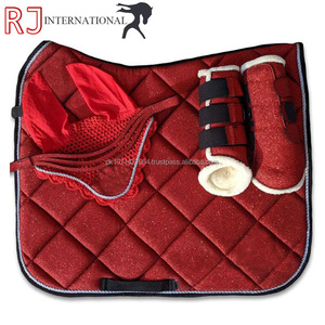 <b>Red</b> <b>Glitter</b> Equestrian Saddle Pad Set Quilted Horse Saddle Blanket with Stirrup Poles and Leg Wraps - Product Image 1