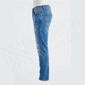Jean en denim déchiré et délavé coupe slim à jambe droite pour homme, taille haute, en coton, style décontracté, bleu, collection printemps - Product Image 3