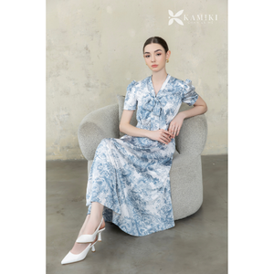Listo para enviar: Vestido midi floral elegante para mujer, azul estampado, manga corta, ropa de trabajo profesional para oficina, moda empresarial - Product Image 1