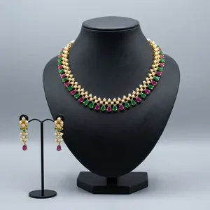 Collier en alliage de cuivre et perles indiennes pour femmes, plaqué or, avec zirconiums cubiques, ensemble de bijoux traditionnels pour mariée, mariage et fête, vente en gros ODM - Product Image 3