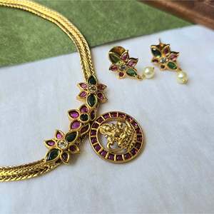 Traditional Addigai Choker Neckpiece Fashion Jewelry Set Alloy Gold Plated Oxidized Polish - Product Image 1