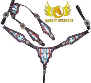 Selle Western en Cuir Véritable Premium Cowskull Légère, Multicolore et Durable avec Collier de Poitrine et Têtière pour Cheval - Product Image 3
