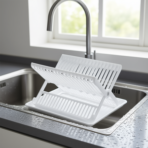 Scolapiatti pieghevole con vassoio per asciugare e riporre i piatti nel lavello della cucina, set bianco e blu - Product Image 3