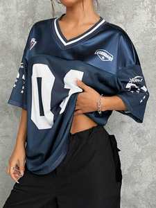Jersey de Fútbol Americano para Mujer, Estilo Streetwear, Talla Grande, Malla Transpirable, Cuello en V, Color Azul Marino, Fabricación OEM al por Mayor - Product Image 2