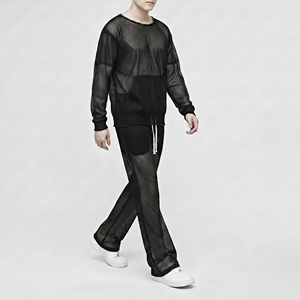 <b>Fishnet</b> Mesh Tracksuit Full Sleeve Crew Neck Loose Fit Flare Two Piece Streetwear Summer Drawstring Sheer Mesh Pants Set - Product Image 4