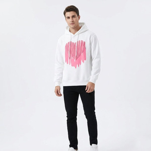 Custom Logo <b>Pink</b> Heart Graphic Hoodie White Heavyweight Streetwear <b>Sweatshirt</b> Wholesale Men Puff Print Pullover Drop Shoulder - Product Image 1