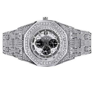 Montre de luxe en quartz sertie de diamants, boîtier octogonal 43 mm, chronographe analogique, bracelet en acier inoxydable, fermoir déployant - Product Image 4