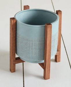 Metal Flower <b>Pot</b> with Wooden Stand Glazed Wabi-Sabi Minimalist Design for Indoor Plants - Product Image 6