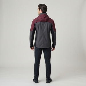 <b>Men</b> Burgundy Black Hooded Windbreaker <b>Jacket</b> Full Zip Mesh Panel Lightweight Outdoor Sports <b>Running</b> <b>Jacket</b> - Product Image 2