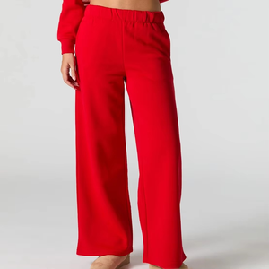Women's Red Knitted Wide Leg Pants High <b>Waist</b> <b>Elastic</b> Loose Fit Full Length Casual Autumn Solid Color <b>Trousers</b> - Product Image 3