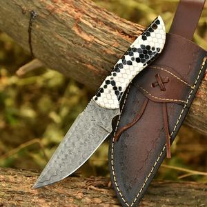 Cuchillo de Utilidad para Exteriores de Acero Damasco con Patrón Industrial de Pasha Enterprises, Hoja Fija, Mango de Asta de Ciervo, Espiga Completa, para Camping, OEM - Product Image 2
