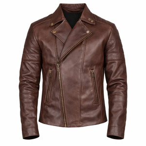 <b>Mens</b> <b>Brown</b> Genuine <b>Leather</b> Biker Motorcycle <b>Jacket</b> Slim Fit Winter Fashion Riding Waterproof Windproof Eco-Friendly Breathable - Product Image 1