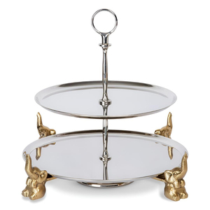 Élégant support à gâteau en métal argenté à 2 niveaux avec pieds d'éléphant dorés et anneau supérieur, centre de table de luxe pour desserts de mariage - Product Image 4