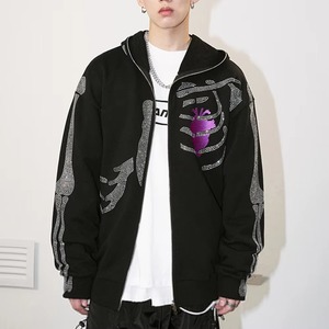 Sudadera con capucha negra con cremallera completa y diseño de esqueleto, con pedrería, estilo gótico oversize, streetwear, Y2K, punk - Product Image 5