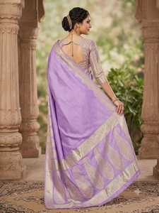<b>Purple</b> BANARASI KATAN Silk <b>Saree</b> With Gold Paisley Border Traditional Indian Wedding Wear For Women Floor-Length Regular Fit - Product Image 3