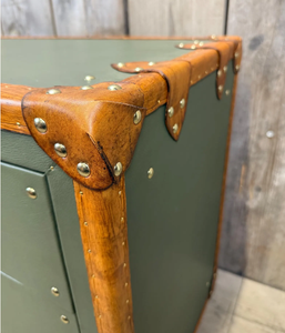 Olive Green Leather Wooden <b>Storage</b> Trunk Antique <b>Chest</b> Box with Brass Locks Studs and Corner Guards Rustic Furniture - Product Image 3