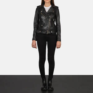 Chaqueta de Motociclista de Cuero Genuino Negro para Mujer, Corte Ajustado, Cierre de Cremallera, Cuello Clásico con Solapa, Bolsillos, Ropa Exterior para Motocicleta - Product Image 3