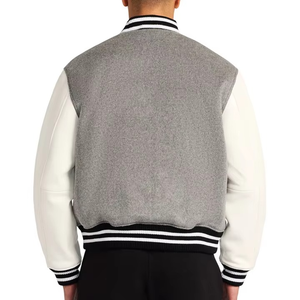Chaqueta Varsity Gris Blanca para Hombre, Lana y Poliéster, Estilo Casual de Béisbol, Cierre de Cremallera, Cuello Camisero, Corte Regular, para Otoño - Product Image 3