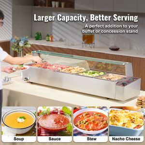 Scaldavivande Elettrico Commerciale 60QT a 5 Vasche con Coperchio in Vetro, 1500W, da Banco, in Acciaio Inossidabile, per Buffet, Bain Marie Manuale - Product Image 1