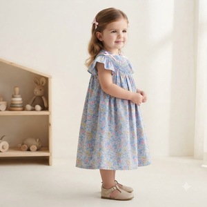 Vestido Infantil BONBITI Hecho a Mano en Vietnam, Estilo Americano, Verano, Poliéster/Algodón, Azul Geométrico, con Volantes, Bonito y Elegante - Product Image 2