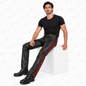 Pantalon Moto Homme en Cuir Noir Respirant Multi-Poches avec Bande Latérale Rouge à Lacets, Taille Mi-Haute, Style Workwear pour l'Automne - Product Image 2
