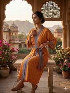 Peignoir Kimono Bohème de Luxe en Soie et Coton Kantha, Imperméable, Réversible, Séchage Rapide, Col Mandarin, pour la Détente - Product Image 4