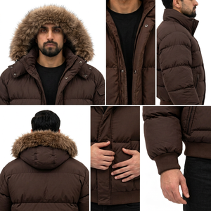 Men's Brown <b>Hooded</b> Puffer <b>Jacket</b> <b>Fur</b> Trim Zipper Closure Windproof Thick Cotton Filled Casual Winter Wear Worsted Fabric - Product Image 6