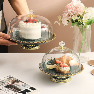 Convertible Golden Brass <b>Cake</b> Platter With Glass <b>Dome</b> Cover Round Dessert Display <b>Stand</b> For Birthday Wedding Parties Supply - Product Image 1