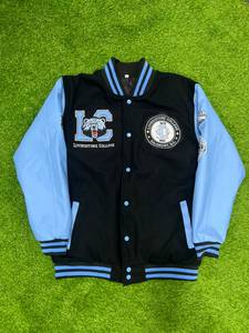 Livingstone College Varsity <b>Jacket</b> <b>Men's</b> Black Light Blue Bear Logo Patch Design Casual College <b>Baseball</b> Style - Product Image 2
