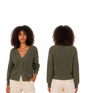 2026 Women's Olive Green V-Neck Cardigan Full Sleeve Button Front Casual Sweater Solid Color Autumn Wear 100% Acrylic Knitted - Product Image 6
