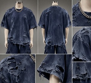 <b>Men's</b> Distressed Ripped T-<b>Shirt</b> <b>Slim</b> <b>Fit</b> Washed <b>Black</b> Short Sleeve O-Neck Streetwear Tee 100% Cotton Quick Dry Front Logo - Product Image 5