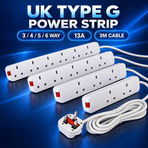 Multiprise Type G britannique 3, 4, 5 ou 6 prises 13A avec cordon d'extension de 3m et interrupteur principal – Vente en gros - Product Image 1