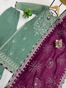 Anarkali Style Front Back Embroidery Work Knee Length <b>Top</b> Bottom Dupatta Set Georgette Silk Multi Color Reversible Party Wear - Product Image 6