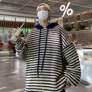 เสื้อสเวตเชิ้ตผู้ชายแบบมีฮู้ดทรงโอเวอร์ไซส์ ลายทางสีดำขาว มีซิป สวมใส่สบายๆ สำหรับฤดูใบไม้ร่วง ระบายอากาศได้ดี ทรงปกติ - Product Image 4