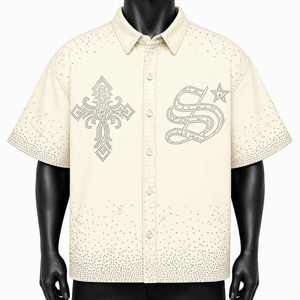 Custom <b>Men</b> <b>Blue</b> Rhinestone Denim Shirts Wholesale Oversized Short Sleeve Gothic Cross Diamond Button Up Summer Streetwear Tops - Product Image 6