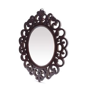 Miroir mural ovale en bois artisanal, cadre sculpté décoratif, miroir d'appoint vintage brun - Product Image 2