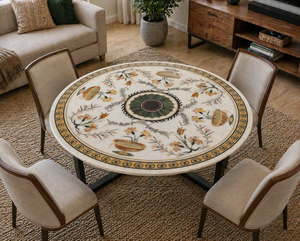 Natural <b>White</b> Marble Inlay Modern Eco-Friendly <b>Round</b> Coffee <b>Table</b> for Office Luxury Diwali and Farewell Decor - Product Image 1