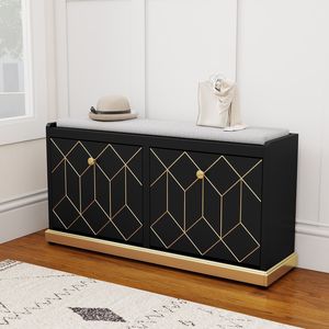 Banc d'entrée moderne avec 2 tiroirs rabattables et assise rembourrée, meuble à chaussures capitonné avec rangement - Product Image 1